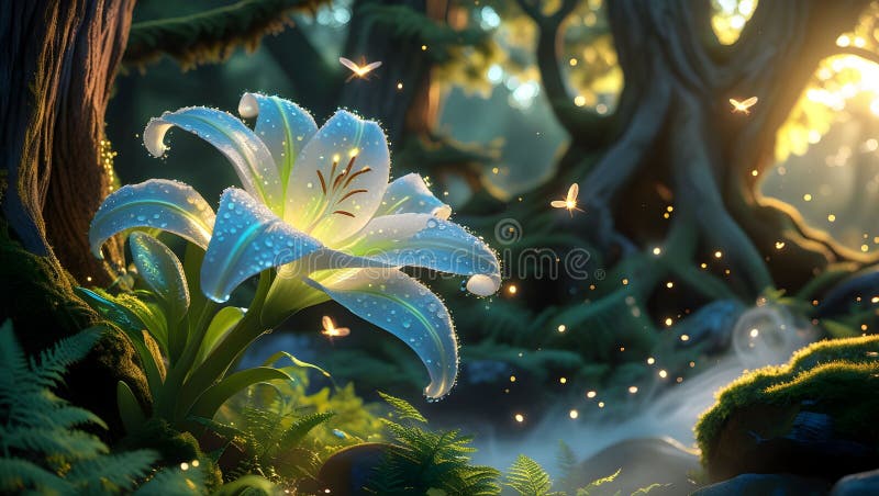 A luminous, ethereal lily stands in an enchanting forest, illuminated by dappled sunlight. vector illustration