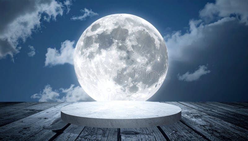Luminous Full Moon Over Rustic Wooden Stage Under Cloudy Blue Night Sky stock illustration