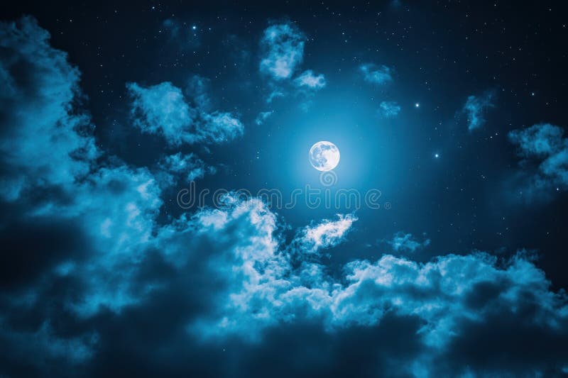A luminous full moon surrounded by a clear starry night sky with soft, scattered clouds creating a serene and tranquil stock image