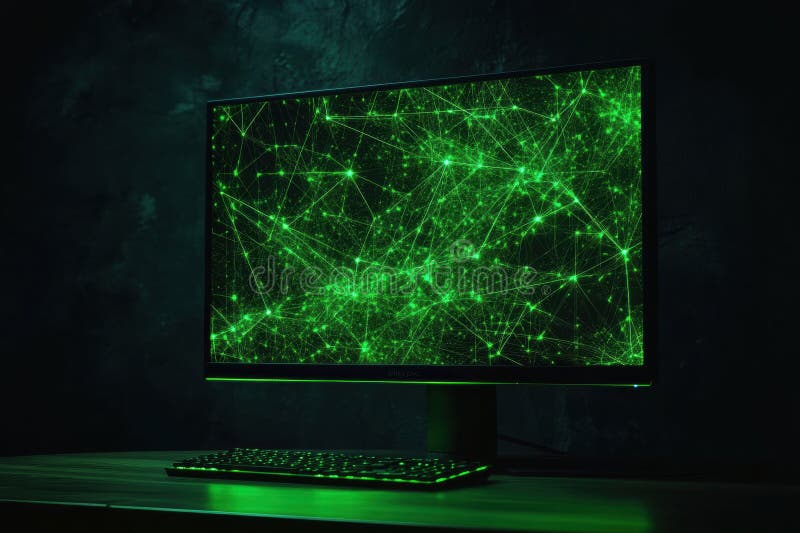 A luminous green network grid illuminates a simple monitor icon, representing the integration of digital support and royalty free stock photo