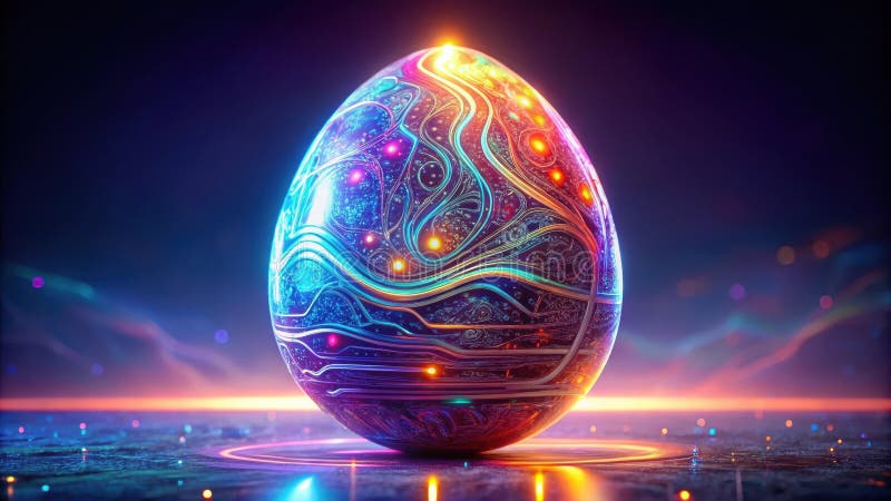 A luminous, iridescent orb, detailed with intricate circuitry and glowing nodes, rests on a reflective surface, illuminated by a vector illustration