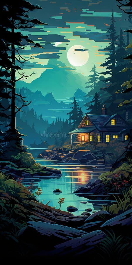 Flat vector night landscape wallpaper with mountain and cabin