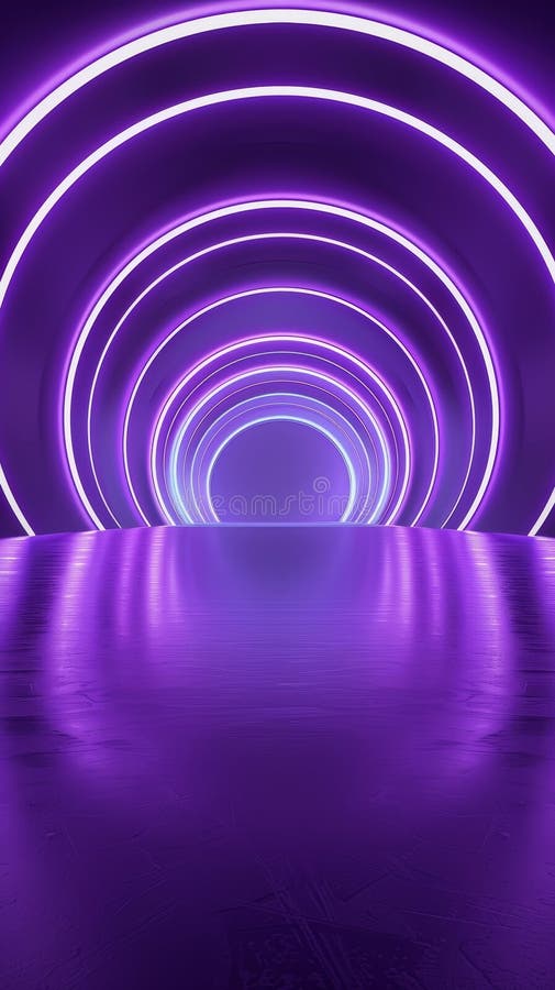 A luminous, mesmerizing vortex of glowing neon rings in deep shades of purple, creating a visually captivating and royalty free stock photo