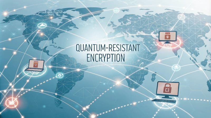A luminous network map connecting multiple devices highlighting the importance of quantumresistant encryption in modern stock image