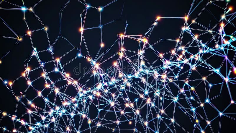 Glowing Points Interconnected by - Luminous Nodes Linking Dynamically Mapping Intricate Data Pathways Across Shadowy Digital Landscape Representing Neural Network 391501533 
