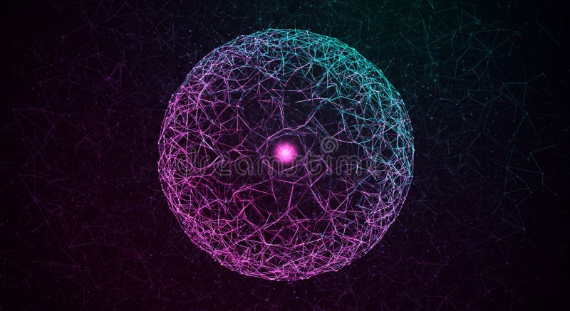 A luminous, spherical digital network with interconnected nodes and lines in shades of vector illustration