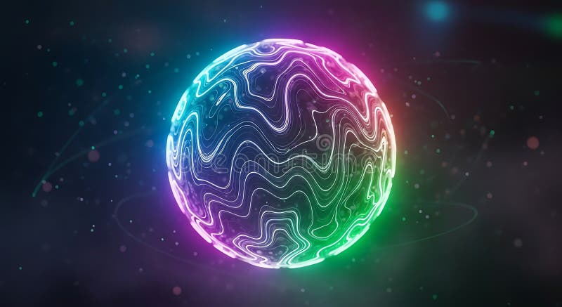 A luminous, spherical object floats against a dark background. Its surface feature vector illustration