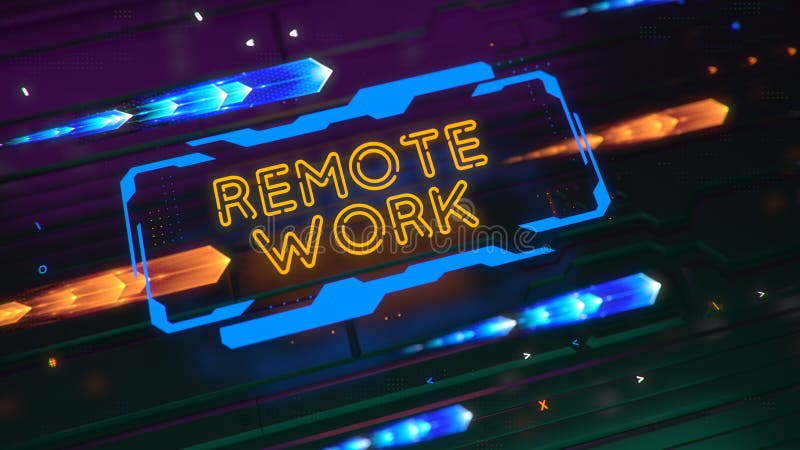 A luminous tech sign with the inscription REMOTE WORK. abstract technology background. Depth of field and glow effects. 3d render. 3d illustration neon glow blue and orange color.