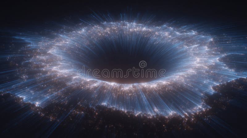 Luminous vortex structure, abstract glowing lines rotating inward like gravitational light ring stock image