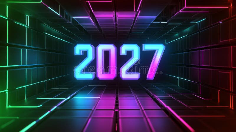 Luminând Neon 3D Number 2027 în tunelul Futuristic Grid cu fond abstract colorat stock illustration