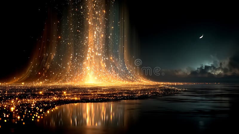 Lumière dorée en cascade lumineuse qui s'écoule dans la ville réfléchissant à l'eau sous la nuit de lune croissant illustration stock