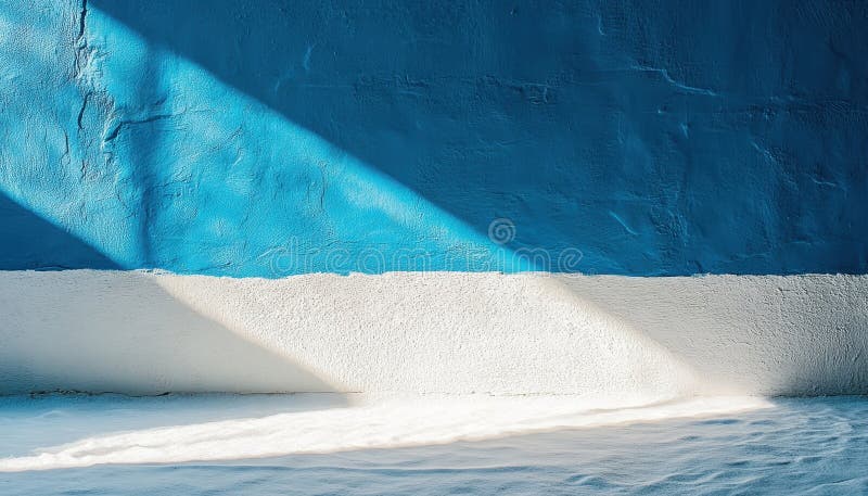 Lumière et ombre jouent sur un mur bleu et blanc dans un espace éclairé par un soleil. Lumière du soleil projette des ombres dynamiques sur un mur bleu et blanc créant un contraste saisissant et une atmosphère sereine dans ce cadre tranquille. ai généré