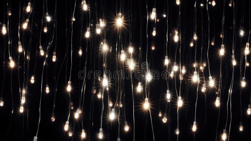 Lumières à cordes blanches brillantes sur fond noir illustration stock