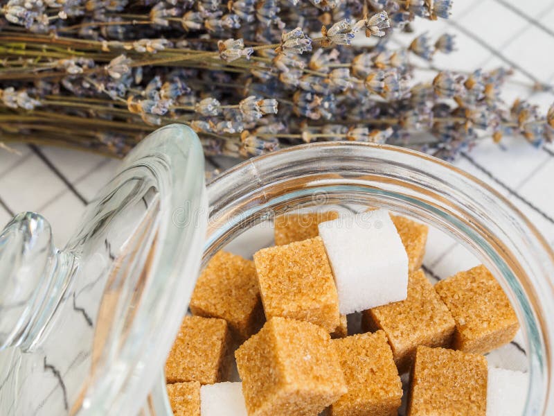 Lump Instant Cube Sugar and a Bouquet of Lavender Stock Photo Image