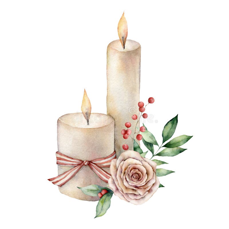 Lumânări cu acuarelă cu compoziție florală de Crăciun. covoraș roșu eucalipt pictat manual cu coaja roșie și arcul dungat stock photo