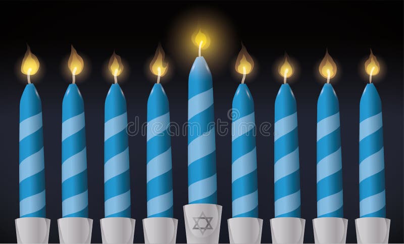 Lumânări cu dungi albastre pentru iluminarea hanukkah a vectorului nopții vector illustration