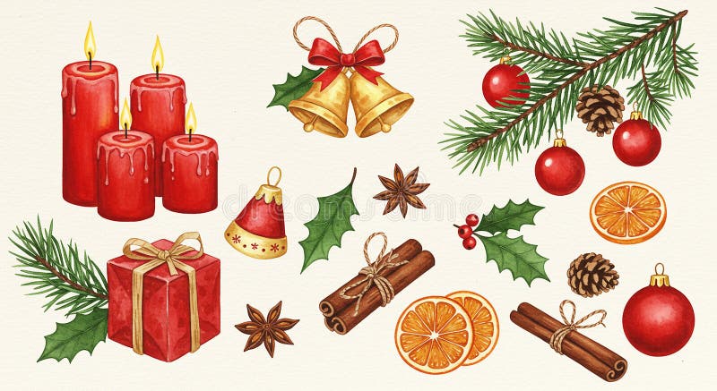 Lumânări roșii clopoței aurii cu arcul roșu și crengile veșnice creează un festiv stock illustration