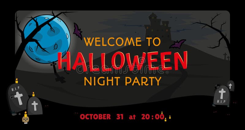 Luna e castello sull'invito della collina per Halloween Benvenuto al partito di notte di Halloween fra le pietre tombali Vettore royalty illustrazione gratis Luna e castello sull'invito della collina per Halloween Benvenuto al partito di notte di Halloween fra le pietre tombali Vettore royalty illustrazione gratis