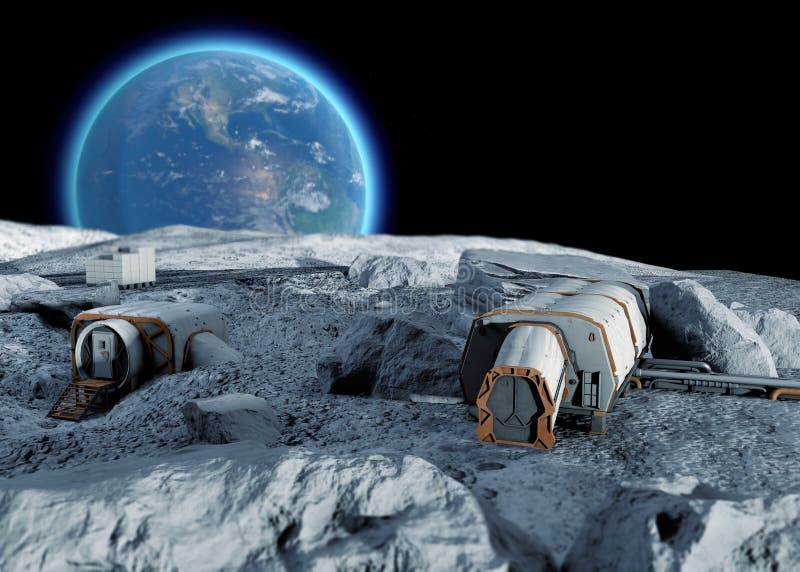 Lunar base, spatial outpost. First settlement on the moon. Space missions. Living modules for the conquest of space.