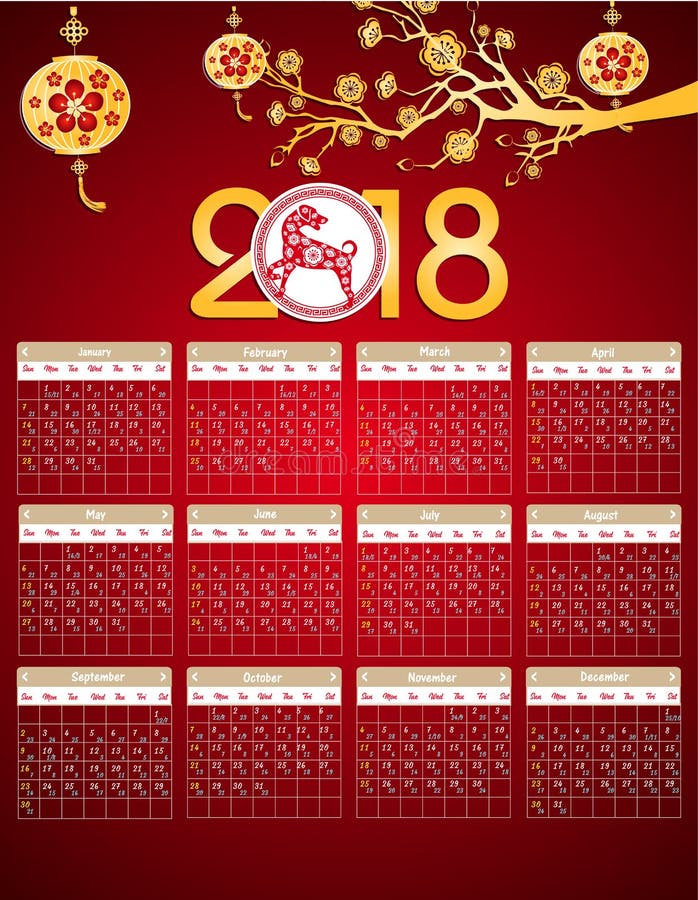 Lunar Calendar, Chinese Calendar for Happy New Year 2018 Year of the