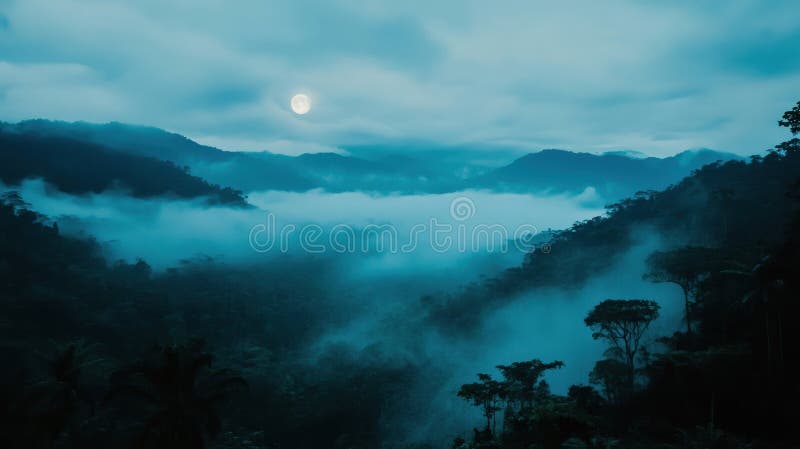 Lunar Serenity Misty Mountains Under Moonlight, Tranquil Evening in an Overcast Forest, Lush Green Landscape royalty free stock images