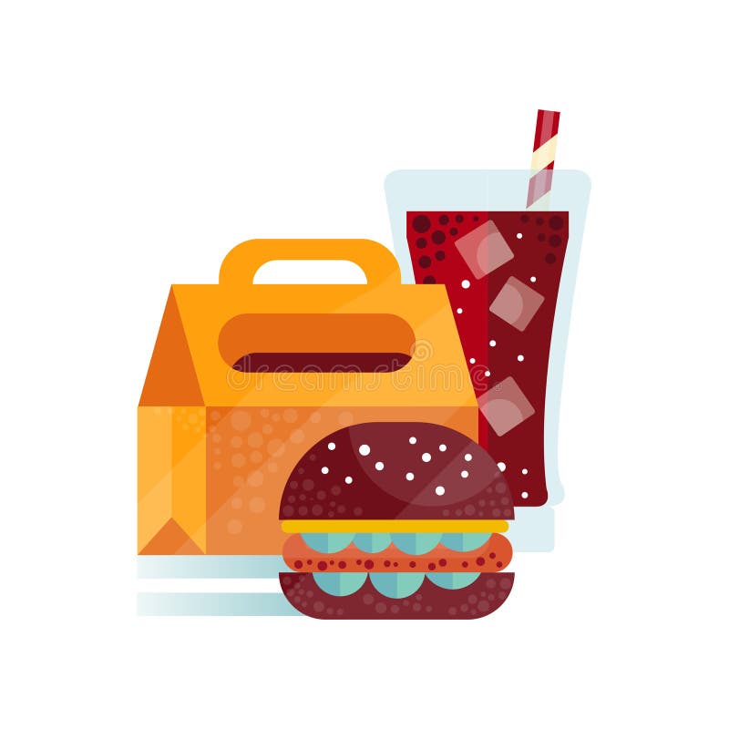 Lunch bag with burger and soda drink, healthy food for kids and students, children lunch time vector Illustration on a