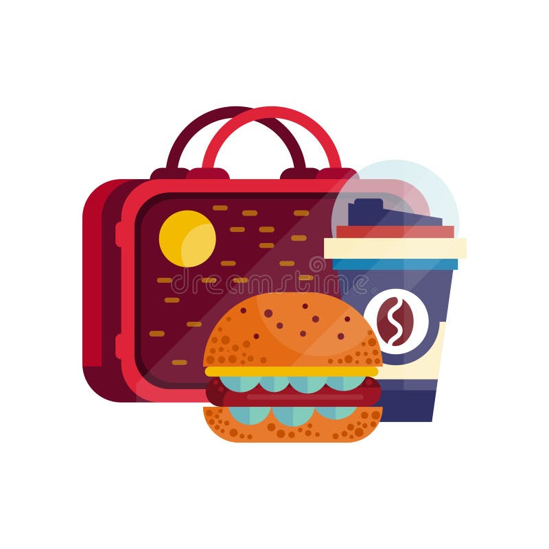 Lunch bag with hamburger and cup of coffee, healthy food for kids and students, children lunch time vector Illustration