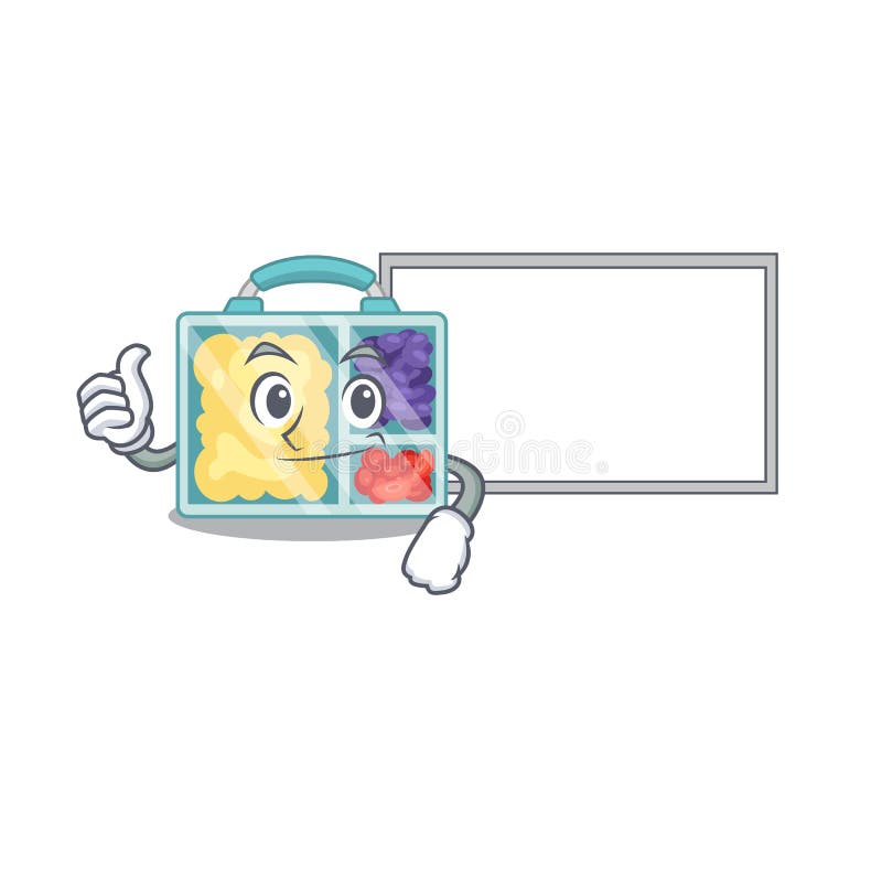 Lunch Box Cartoon with the Character Thumbs Up with Board Stock Vector