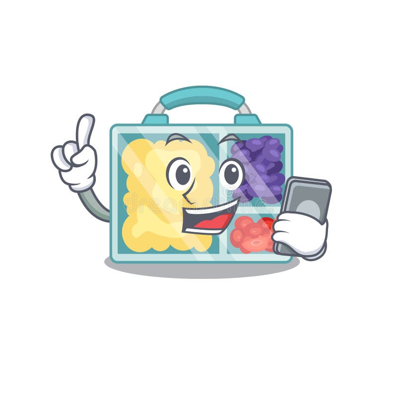 Lunch Box Cartoon with the with Holding Phone Character Stock Vector