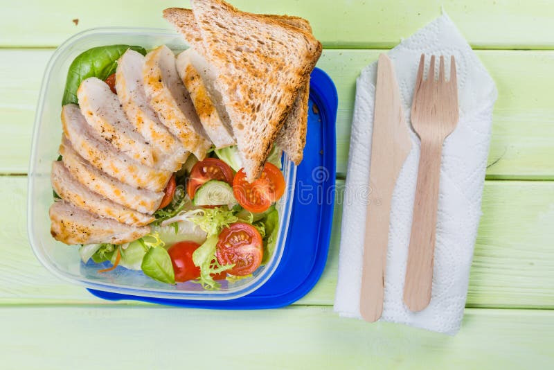 Lunch Box with Salad and Chicken Stock Image Image of diet, plastic