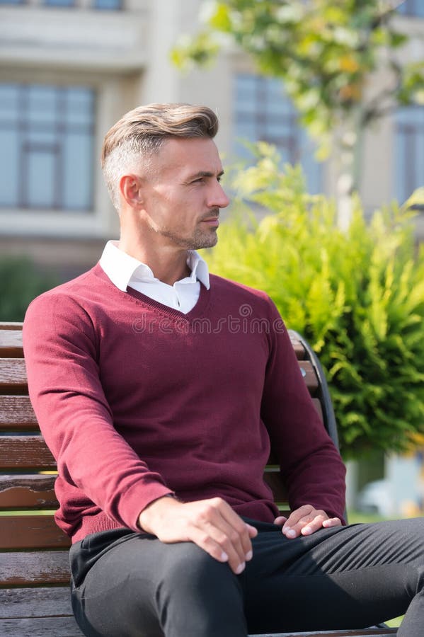 Lunch Break. Time for Yourself. Man in Formal Clothes Outfit Relax Sit  Bench in Park Stock Photo - Image of outdoor, fashionable: 180050230