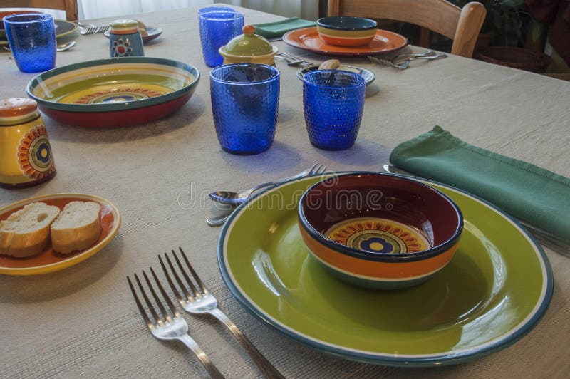 Lunch With Colored Plates stock photography Lunch With Colored Plates stock photography