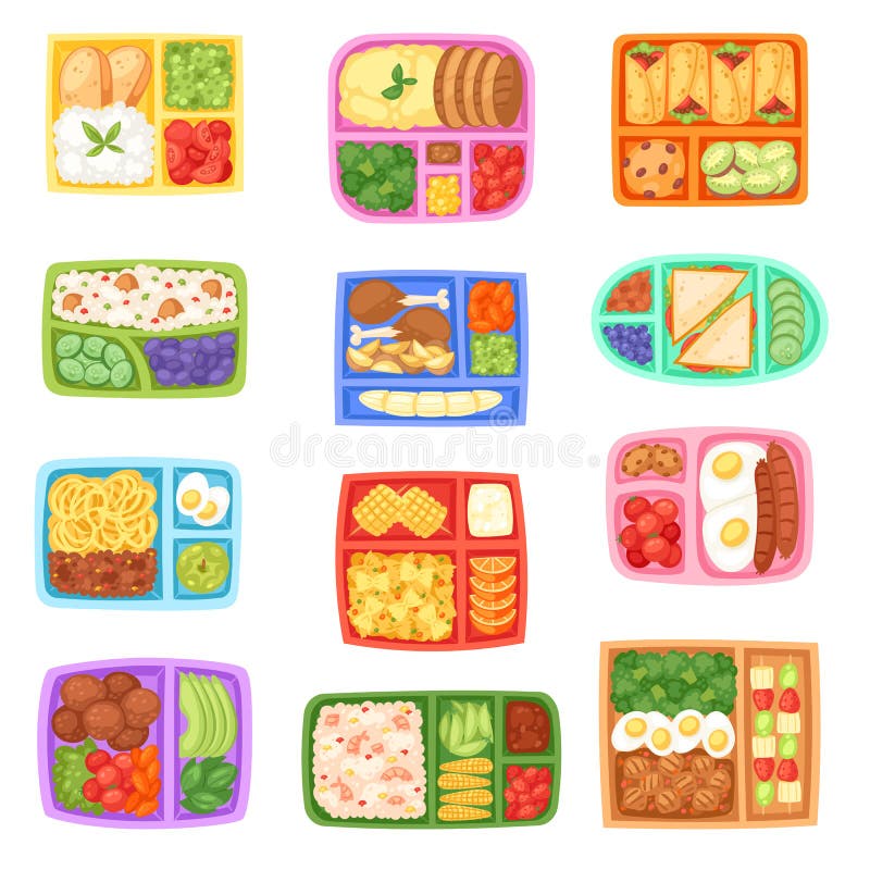 Lunchu pudełka wektoru szkoły lunchbox z zdrowymi karmowymi warzywami lub owoc boksował - w dzieciaka zbiornika ilustracyjnym ust