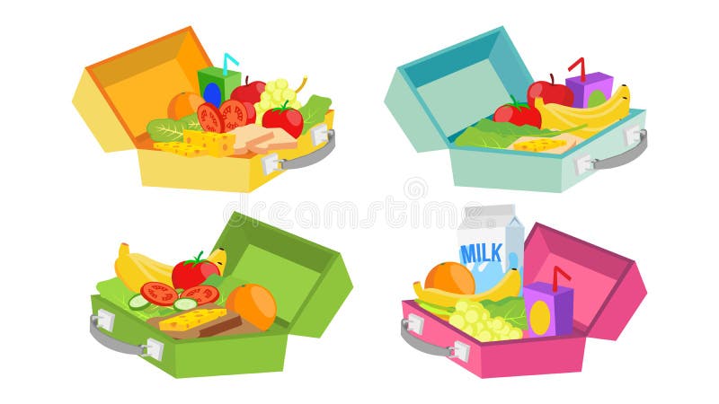 Lunchów pudełek Ustawiający wektor Różnorodni składniki Zdrowy jedzenie Dla dzieciaków I uczni