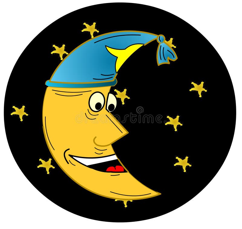 A moon illustration wearing a night cap. A moon illustration wearing a night cap.