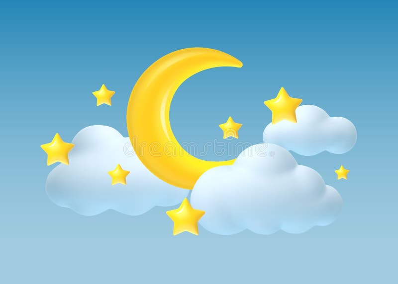 Lune 3d. Étoile et nuages du croissant réaliste. Bannière bleue ciel rêveur. Symboles nocturnes. Fond du lit. Render céleste illustration libre de droits