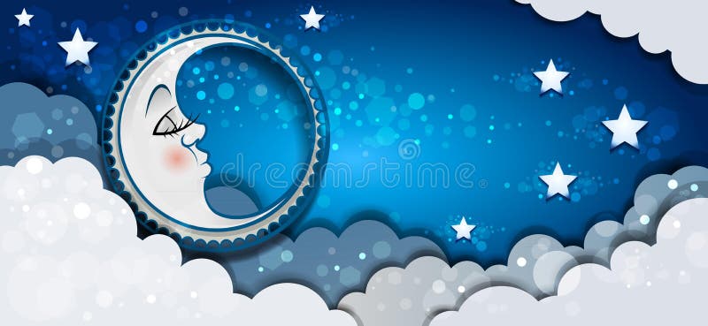 Banner Moon Sleeping In The Clouds And Stars-transparency blending effects and gradient mesh-EPS 10. Banner Moon Sleeping In The Clouds And Stars-transparency blending effects and gradient mesh-EPS 10