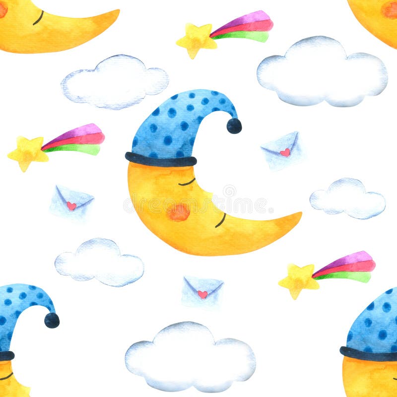 Lune de modèle et nuage sans couture pour empaqueter, tissu d'impression L'image tirée par la main d'aquarelle parfaite pour des illustration stock