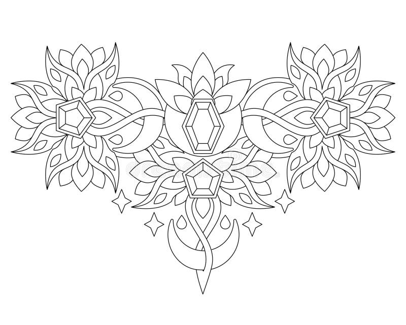 Lune e stelle a mezzaluna circondate da fiori e cristalli pagina colorante composizione orizzontale immagine lineare del vettore. illustrazione di stock
