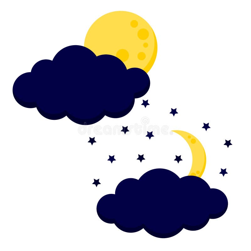Lune mignonne de nuit avec l'ensemble d'icône de nuages : pleine lune et croissant avec des étoiles illustration stock