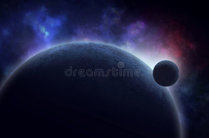Lune se levant au-dessus de la planète congelée dans l'espace illustration de vecteur Lune se levant au-dessus de la planète congelée dans l'espace illustration de vecteur