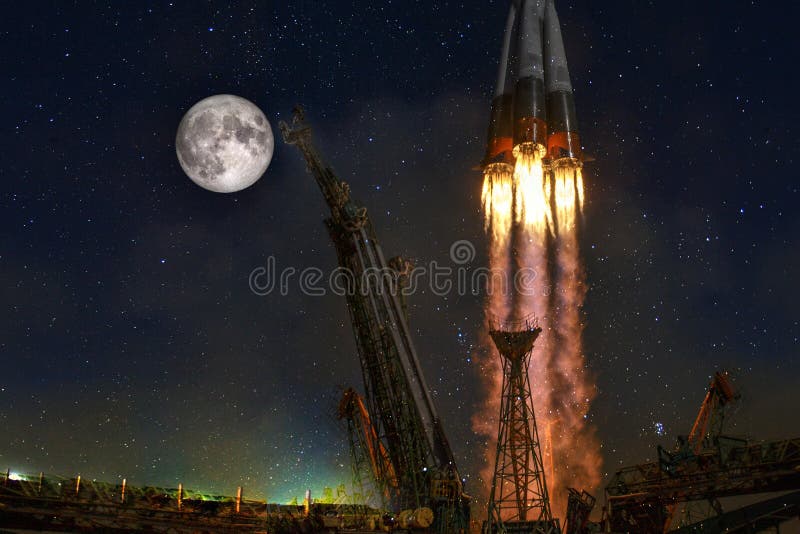 Space rocket launch earth spaceship moon.Space exploration program freight carrier vehicle. Elements of this image furnished by NASA. Space rocket launch earth spaceship moon.Space exploration program freight carrier vehicle. Elements of this image furnished by NASA