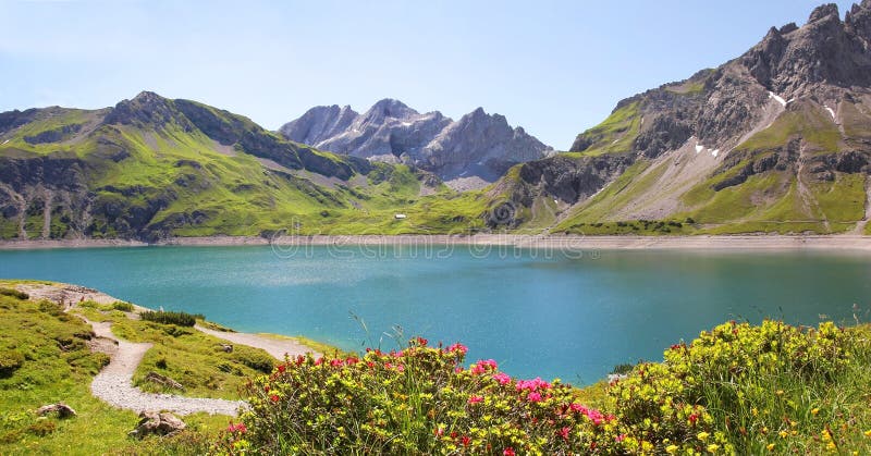 Luner see and glacier, austria. Beautiful view to dam lake luner see, vorarlberg, austrian landscape stock photos Luner see and glacier, austria. Beautiful view to dam lake luner see, vorarlberg, austrian landscape stock photos