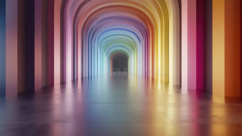 Lungo corridoio con pareti colorate di arcobaleno e un pavimento di colore arcobaleno illustrazione di stock