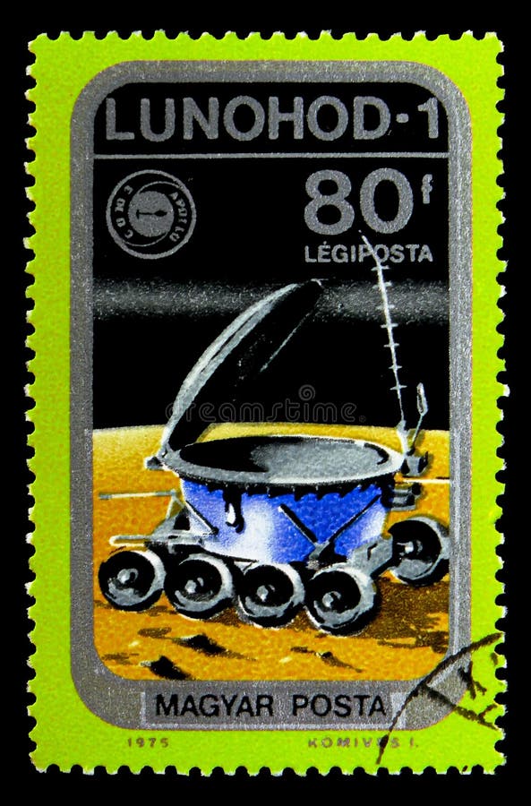 MOSCOW, RUSSIA - MAY 16, 2018: A stamp printed in Hungary shows Lunokhod 1 on Moon, Airpost, Spacecraft and Apollo Soyuz Emblem serie, circa 1975. MOSCOW, RUSSIA - MAY 16, 2018: A stamp printed in Hungary shows Lunokhod 1 on Moon, Airpost, Spacecraft and Apollo Soyuz Emblem serie, circa 1975