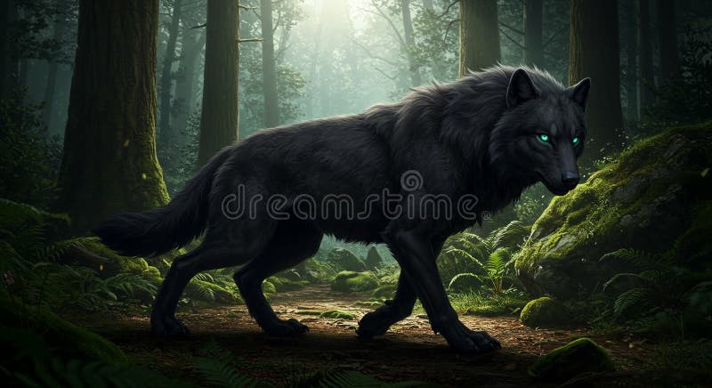 Lup negru maiestuos într-o pădure. royalty free illustration