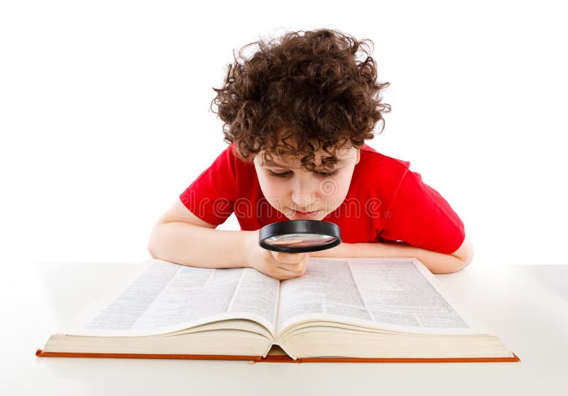 Young boy holding magnifying glass isolated on white background. Young boy holding magnifying glass isolated on white background