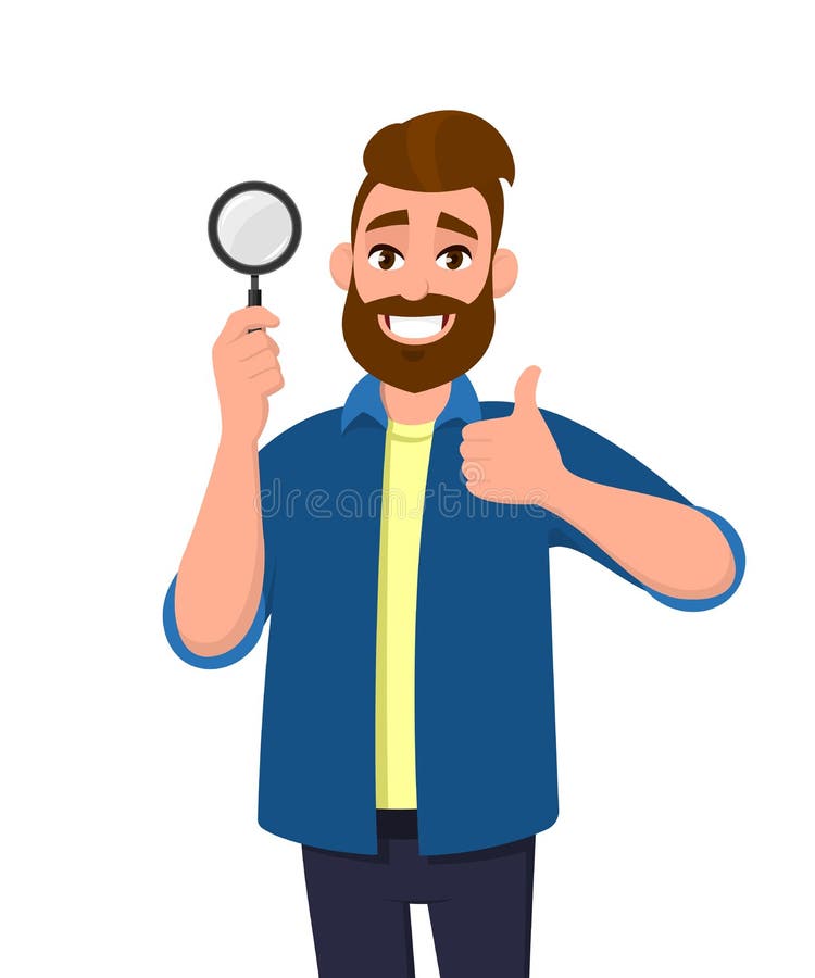 Lupa da terra arrendada do homem novo e polegares felizes positivos gesticular acima do sinal O negócio, bom, concorda, aprove, p ilustração stock Lupa da terra arrendada do homem novo e polegares felizes positivos gesticular acima do sinal O negócio, bom, concorda, aprove, p ilustração stock