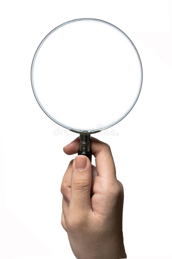 Image of a right hand holding a magnifying glass isolated in white background. Image of a right hand holding a magnifying glass isolated in white background.