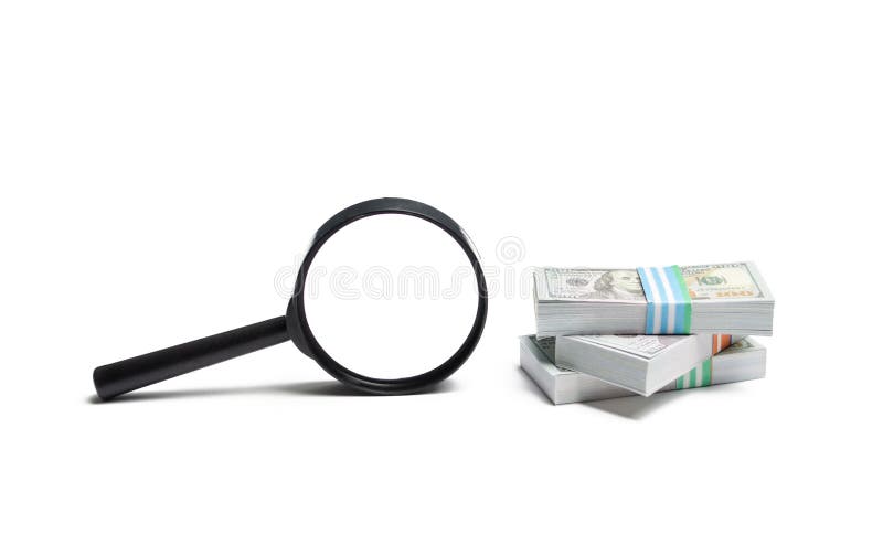 Magnifying glass and a pile of money. Concept of fundraising, attracting investments. Loan to paycheck, urgent loans. The study of sources of profit, money laundering, offshore. Financial monitoring. Magnifying glass and a pile of money. Concept of fundraising, attracting investments. Loan to paycheck, urgent loans. The study of sources of profit, money laundering, offshore. Financial monitoring